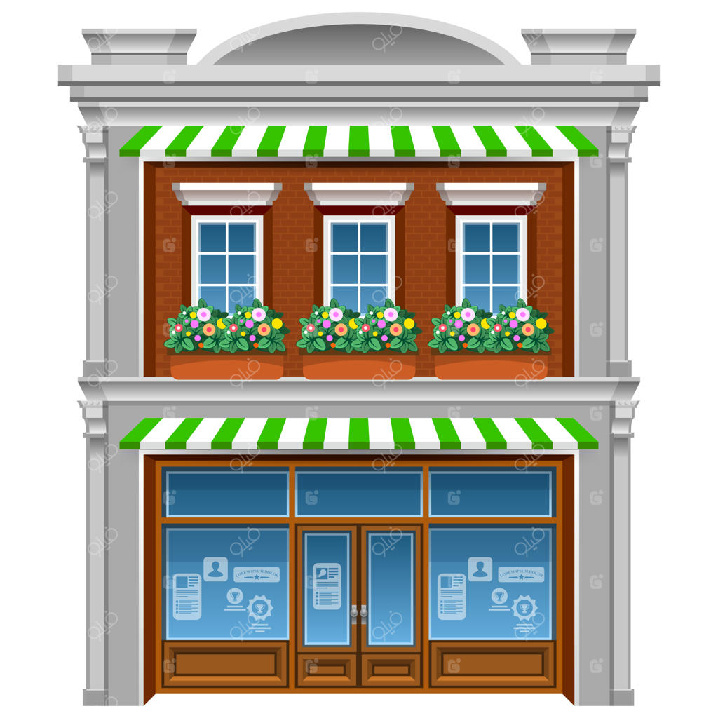 خانه‌ای با گل‌ها زیر پنجره. نقاشی کارتونی.