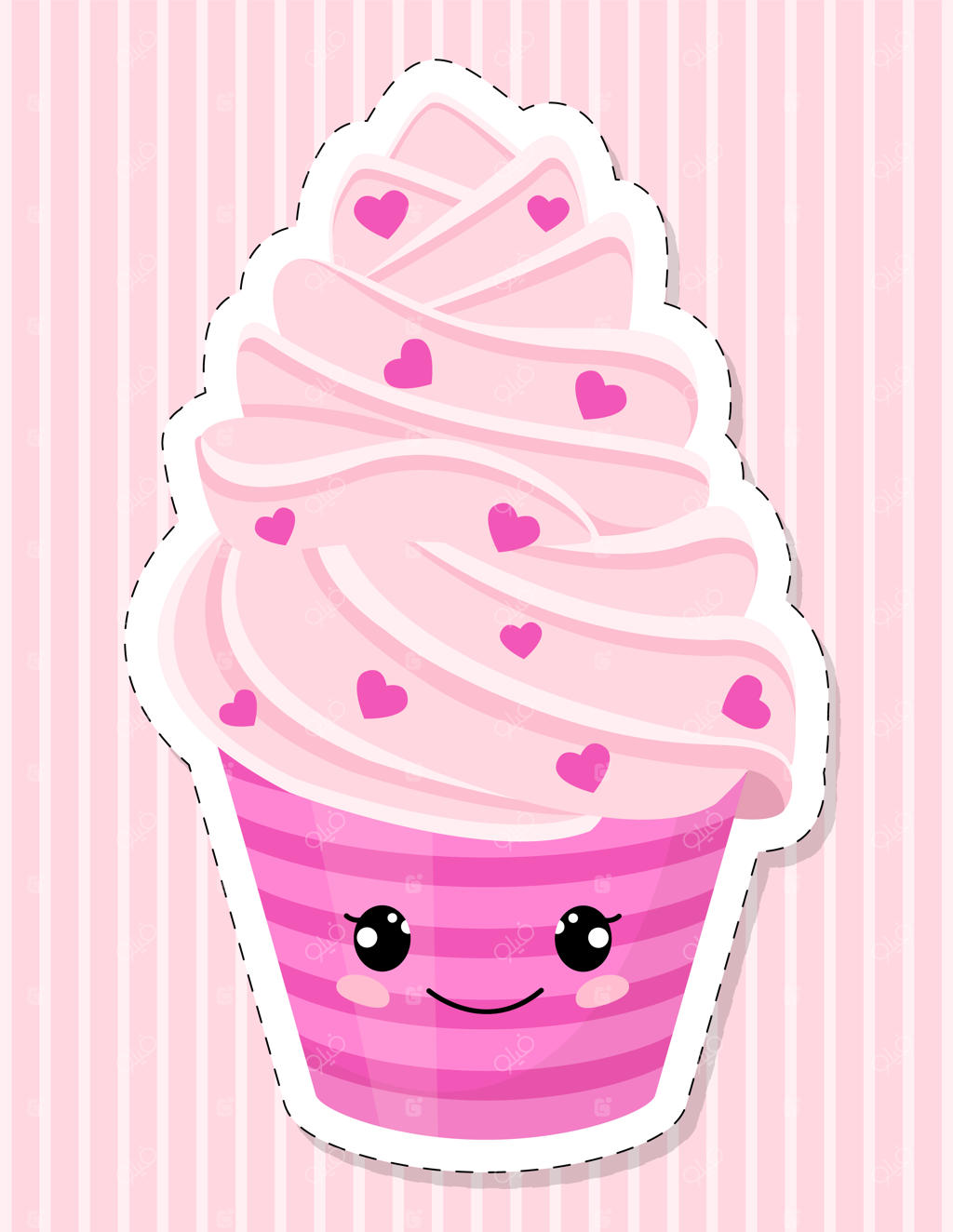 شخصیت بامزه کیک فنجانی صورتی. چهره به سبک کاوایی. کیک با خامه و قلب‌ها تزئین شده است.