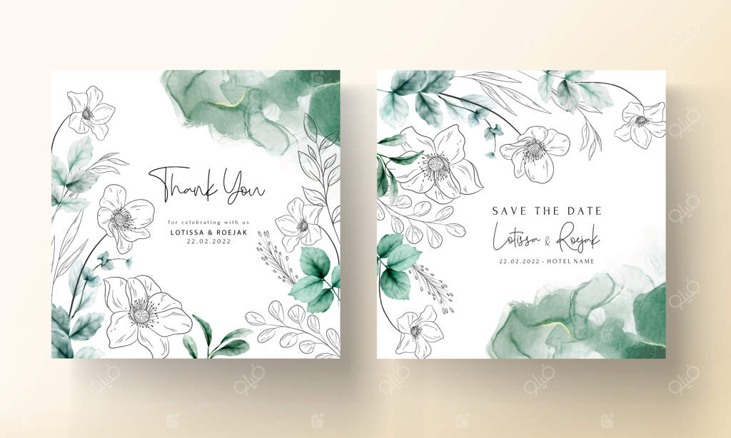 کارت عروسی با طراحی گل‌های مینیمال و آبرنگی شیک