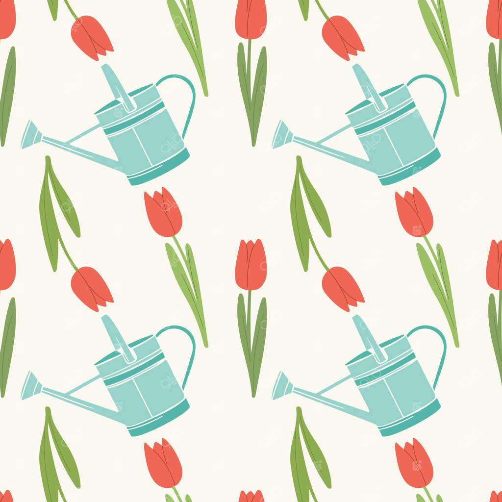 پترن آبیاری باغچه با آب‌پاش و لاله‌های قرمز. حس و حال بهاری: کار در باغچه و باغ سبزیجات، کاشت و آبیاری.