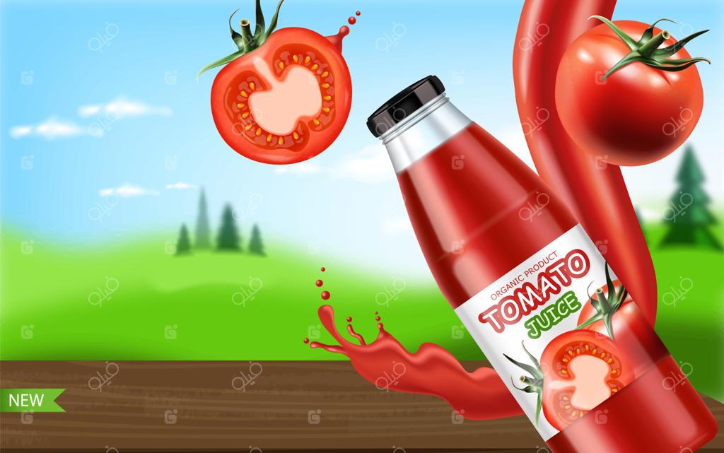 گوجه‌فرنگی‌های واقعی و پاشیده شدن آب‌گوجه، بطری آب‌میوه، غذای گیاهی، پس‌زمینه‌ی چشم‌انداز زیبا، تصویرسازی