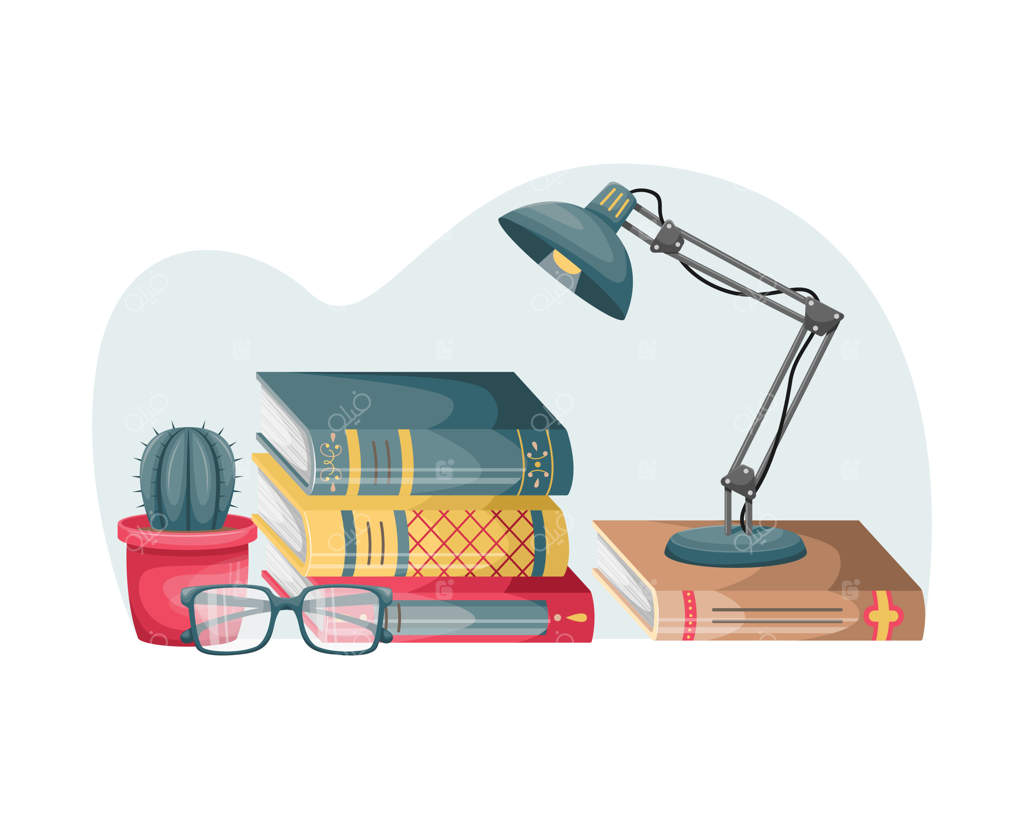 یک دسته کتاب روی میزی با چراغ مطالعه، گلدانی گل و عینک. کتاب‌ها در دکوراسیون داخلی. تحصیل، مطالعه.