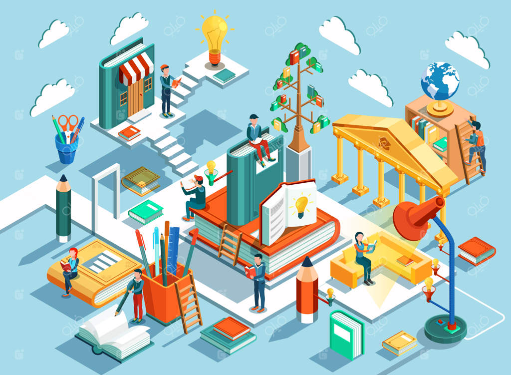 آموزش آنلاین با طراحی ایزومتریک. مفاهیم مطالعه و یادگیری کتاب‌ها در کتابخانه و کلاس درس.