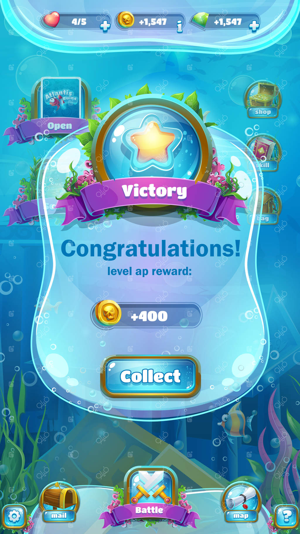 خرابه‌های آتلانتیس - تصویرسازی برداری برای صفحه پیروزی فرمت موبایل.