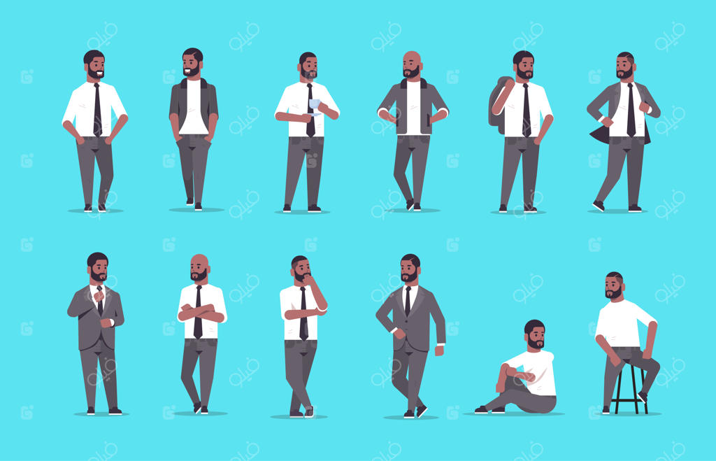 مجموعه‌ای از شخصیت‌های کارتونی مردان بیزنس‌من با لباس رسمی در حالت‌های مختلف و لبخند به صورت افقی کامل ایستاده‌اند.