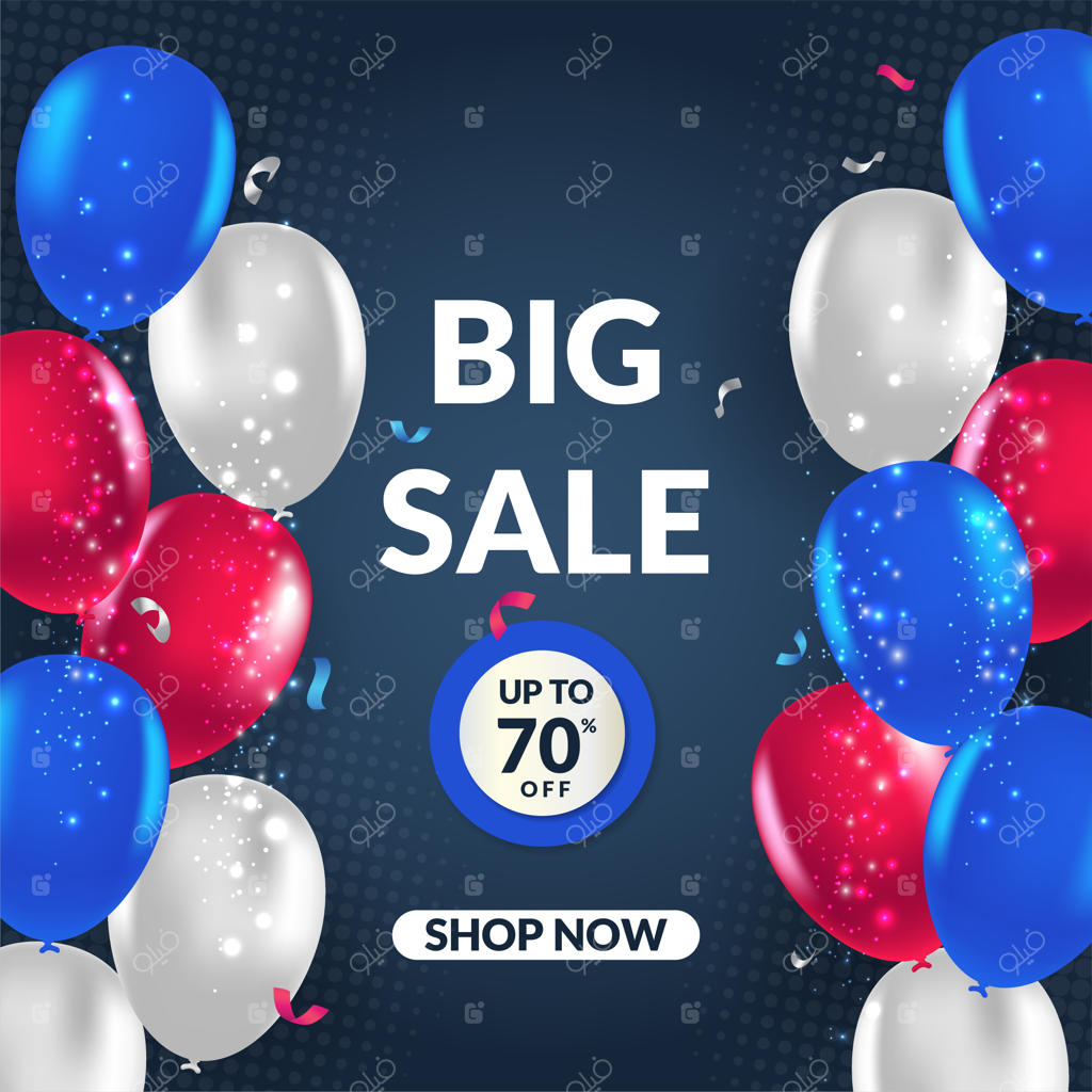 تصویر بنر تخفیف بزرگ مدرن با بادکنک برای شبکه‌های اجتماعی