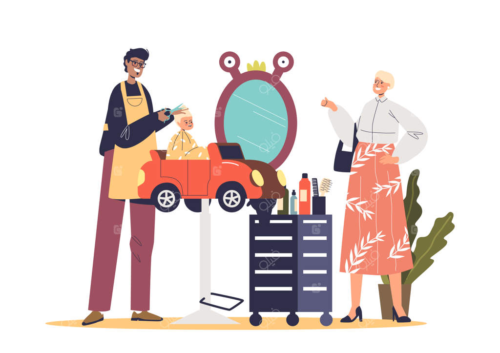 آرایشگر کودک در حال کوتاه کردن موی دختربچه‌ای که روی صندلی ماشین اسباب‌بازی در سالن آرایش کودکان نشسته است