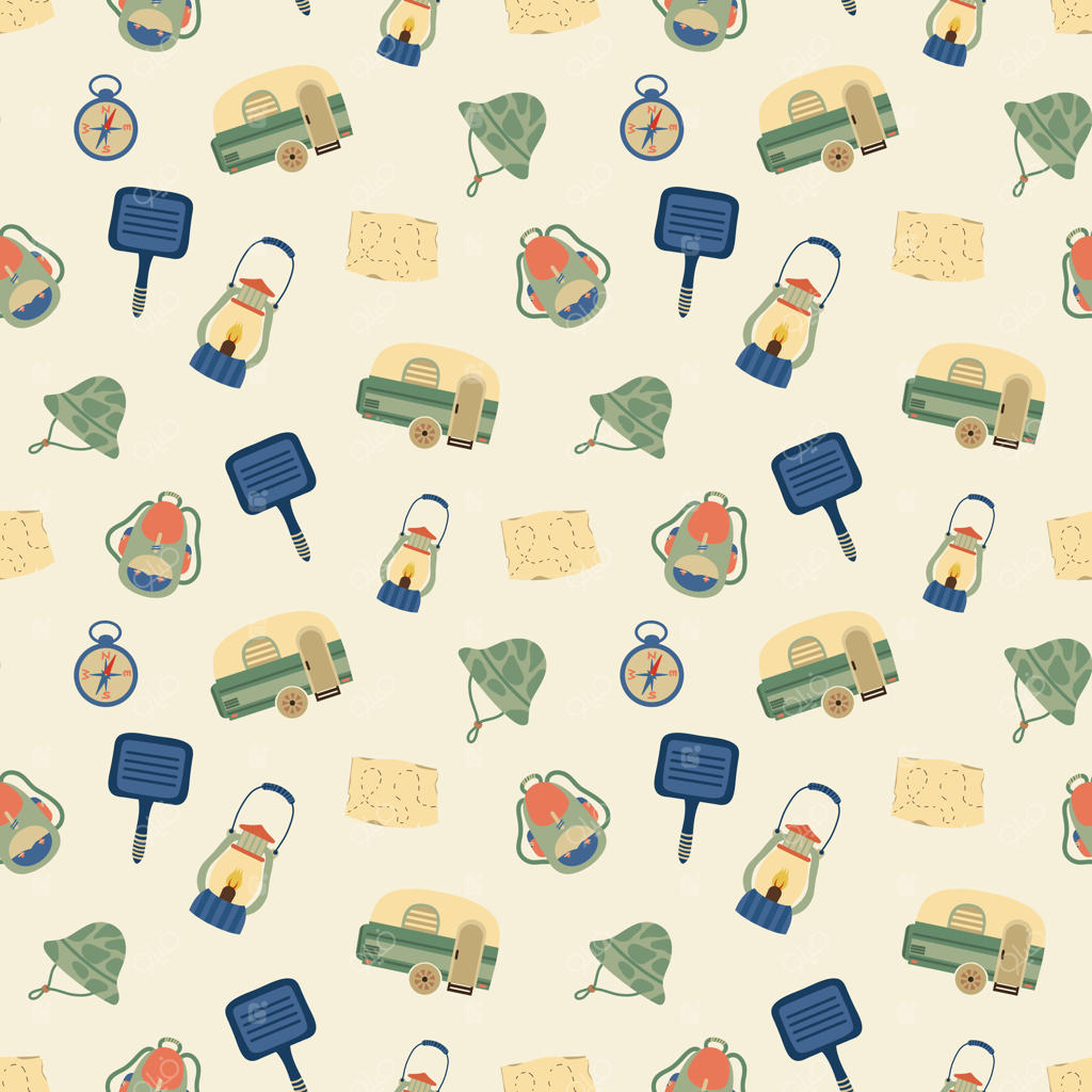 پترن رنگارنگ تجهیزات کمپینگ برای دکور فضای باز - طرح برداری حرفه‌ای