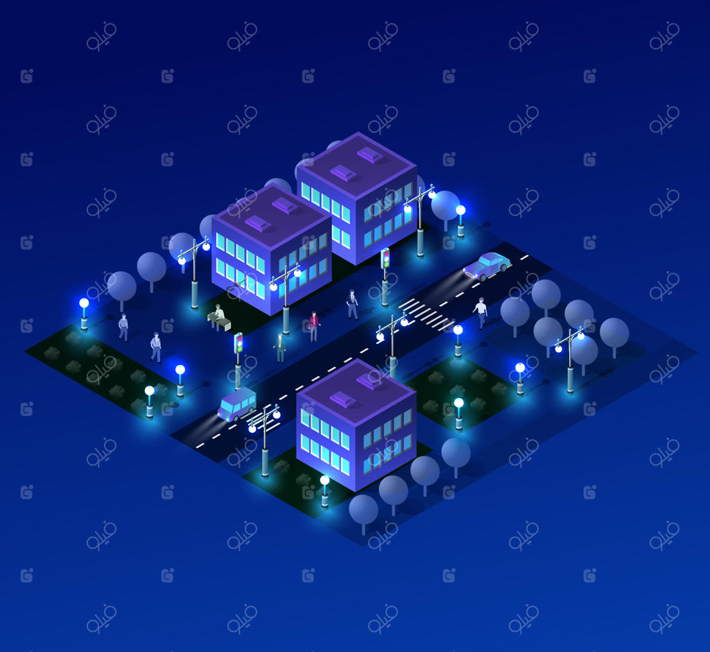 نمای ایزومتریک شهری در شب با آسمان‌خراش‌ها و معماری فرابنفش