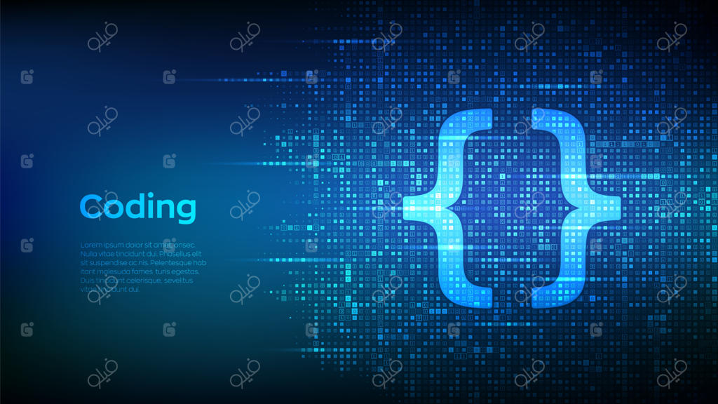 نماد کد نویسی ساخته شده از کد باینری؛ زمینه ماتریسی کدنویسی یا هکری با اعداد 0 و 1.