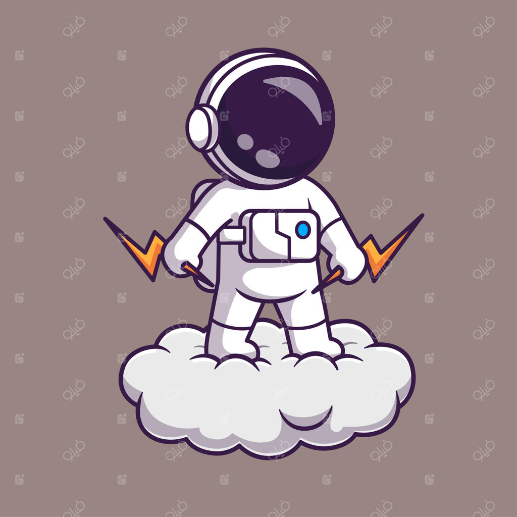 تصویر بامزه کارتونی فضانورد روی ابر با صاعقه. علم و طبیعت در کنار هم