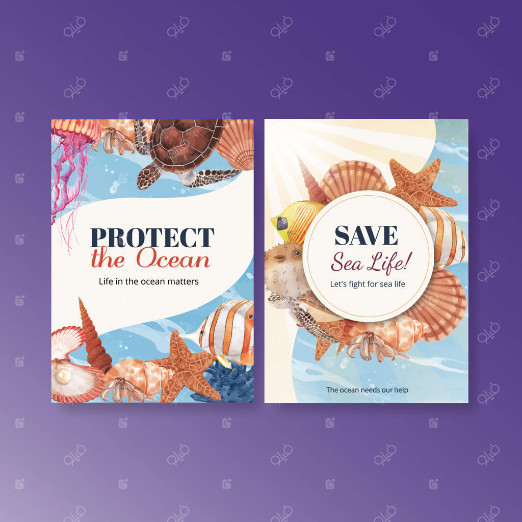 کارت تشکر با طرح زندگی دریایی و تصویرسازی آبرنگی