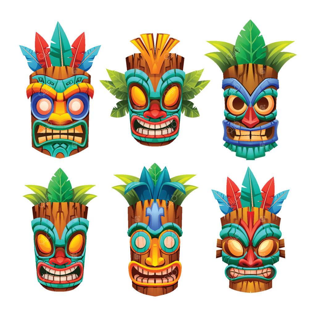 مجموعه ماسک‌های تیکی با طراحی‌های قبیله‌ای منحصربه‌فرد، الگوهای رنگارنگ و جزئیات دقیق. تصویرسازی کارتونی