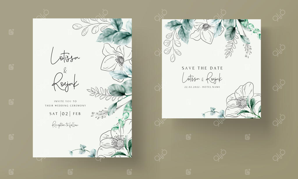 کارت عروسی با طراحی گل‌های مینیمال و آبرنگی شیک