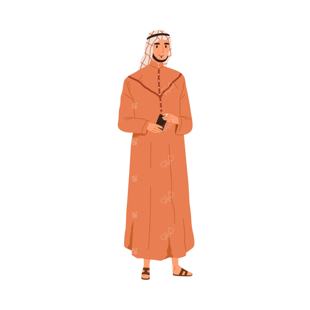 مرد عرب مسلمان با دشداشه و سربند. فرد عربستانی با لباس سنتی، پیراهن بلند و چفیه. مرد شرقی با گوشی هوشمند در دست. تصویرسازی وکتور فلت ایزوله‌شده روی پس‌زمینه سفید.