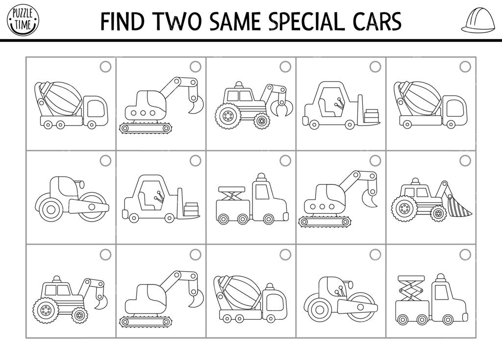 پیدا کردن دو خودروی خاص مشابه: فعالیت تطبیق سایت ساخت‌وساز سیاه و سفید. کارهای ساختمانی - مسیری آموزشی برای کودکان. بازی ساده چاپی و صفحه رنگ‌آمیزی با وسایل نقلیه
