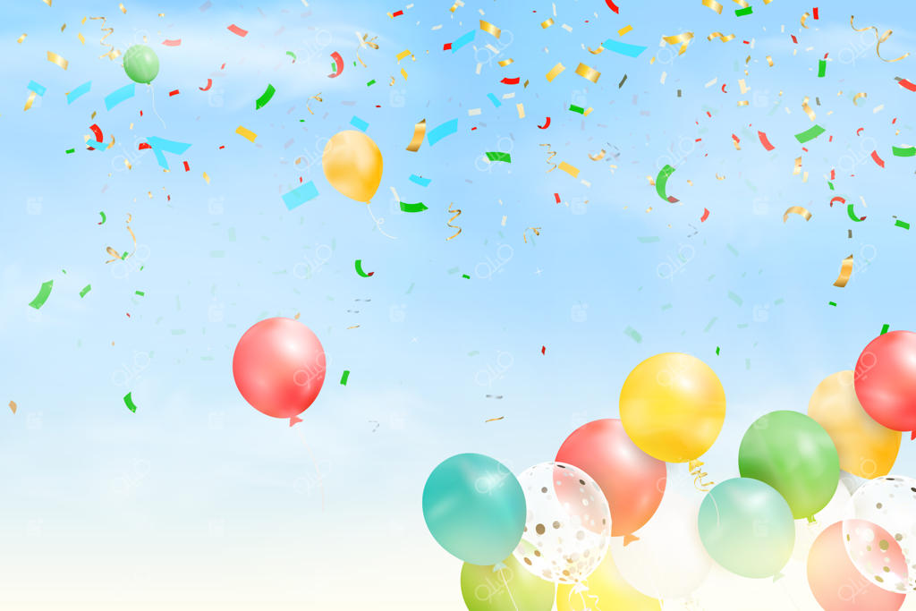 بادکنک‌های رنگارنگ روشن که با کاغذرنگی، روبان و مارپیچ در آسمان آبی جشن به پرواز درآمده‌اند. پس‌زمینه‌ای جشن تولدی با بادکنک‌ها و فضایی برای نوشتن متن. تصویرسازی.