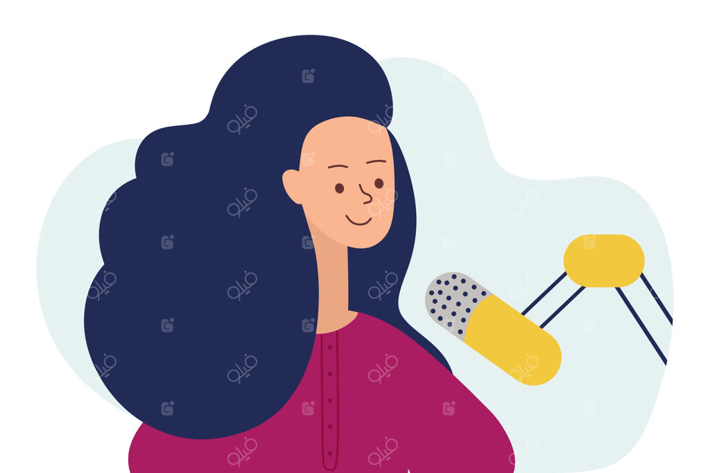 تصویرسازی مفهومی پادکست؛ دختری نشسته در حال صحبت با میکروفون