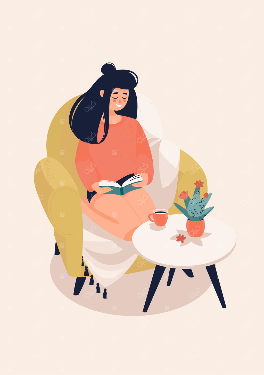 تصویری از یک زن جوان سبزه در حال خواندن کتاب در یک گوشه دنج