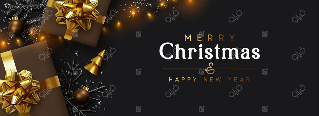 بنر کریسمس: طراحی پس‌زمینه با چراغ‌های درخشان، جعبه‌های هدیه قهوه‌ای، دانه‌های برف سیاه و کاغذ رنگی طلایی براق. پوستر افقی کریسمس، کارت تبریک، سربرگ‌ها و وبسایت