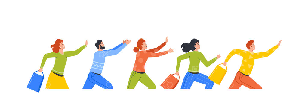 مردم در حالی که شخصیت‌ها سریع به سمت حراج می‌روند، برای خریدهای تخفیف‌دار از میان انبوه زمان‌گذران‌ها همراه با کیسه‌های خرید، دیر به دفتر می‌رسند.