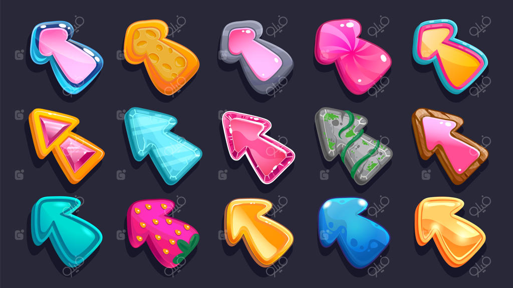 دارایی‌های پیکان بازی: نشانگرها و اجزای رابط کاربری کارتونی با اشکال، مواد و رنگ‌های مختلف - مجموعه‌ای از پیکان‌ها برای رابط کاربری بازی‌ها