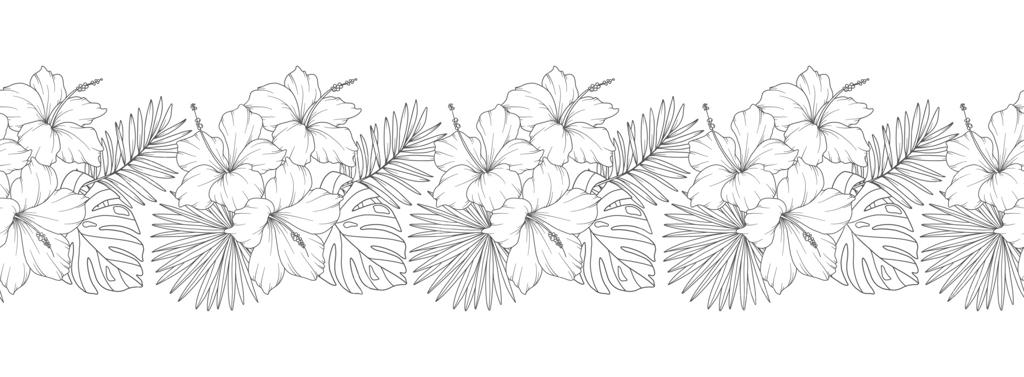 حاشیه یکپارچه گلدار با گیاهان و گل‌های استوایی. پس‌زمینه افقی گلدار یکپارچه. طراحی خطی گل‌ها. طرح مینیمالیستی گل. گل‌آرایی دست‌دوز یکپارچه. قاب حاشیه‌ای.