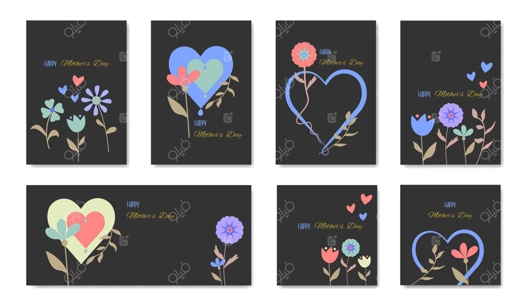 کارت تبریک روز مادر مبارک، طراحی مدرن با گل‌ها و قلب‌ها در سبک رنگ‌های پاستلی. تصویر روی زمینه سیاه، فضای خالی برای متن