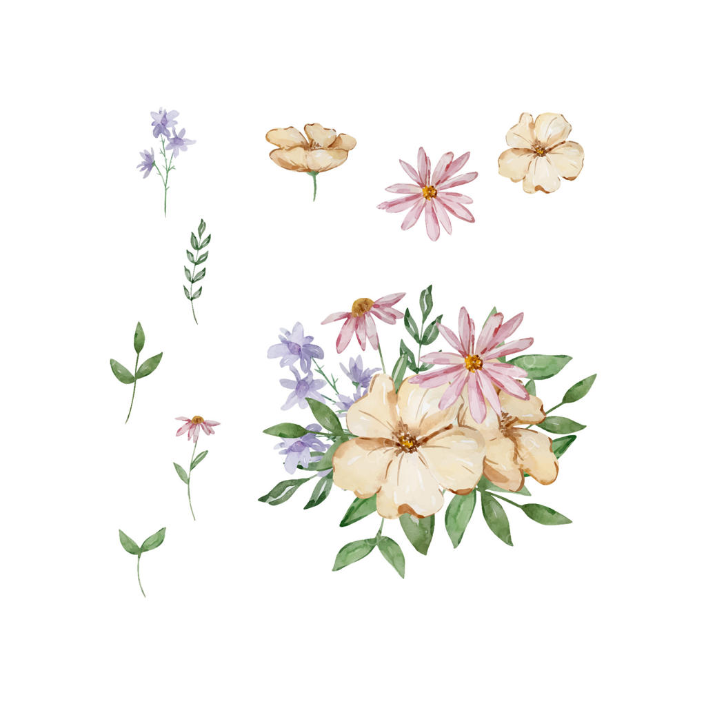 دسته‌گل ساده‌ای از گل‌های باغ با آبرنگ