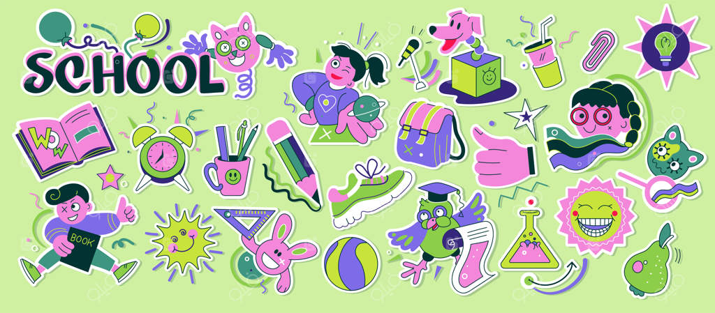 برچسب‌های گرافیکی مدارس: نشان‌های علمی مدارس ابتدایی و دانشگاه با طراحی عناصر علمی و کودکانه - مجموعه نشان‌های دوتل برداری