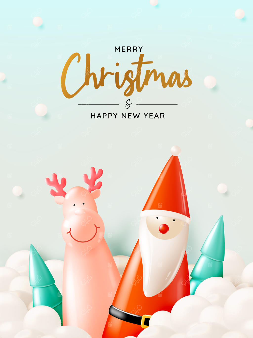 عروسک بابانوئل به سبک سه‌بعدی واقعی با پس‌زمینه‌ای از برف و درخت کریسمس - تصویر سازی وکتور