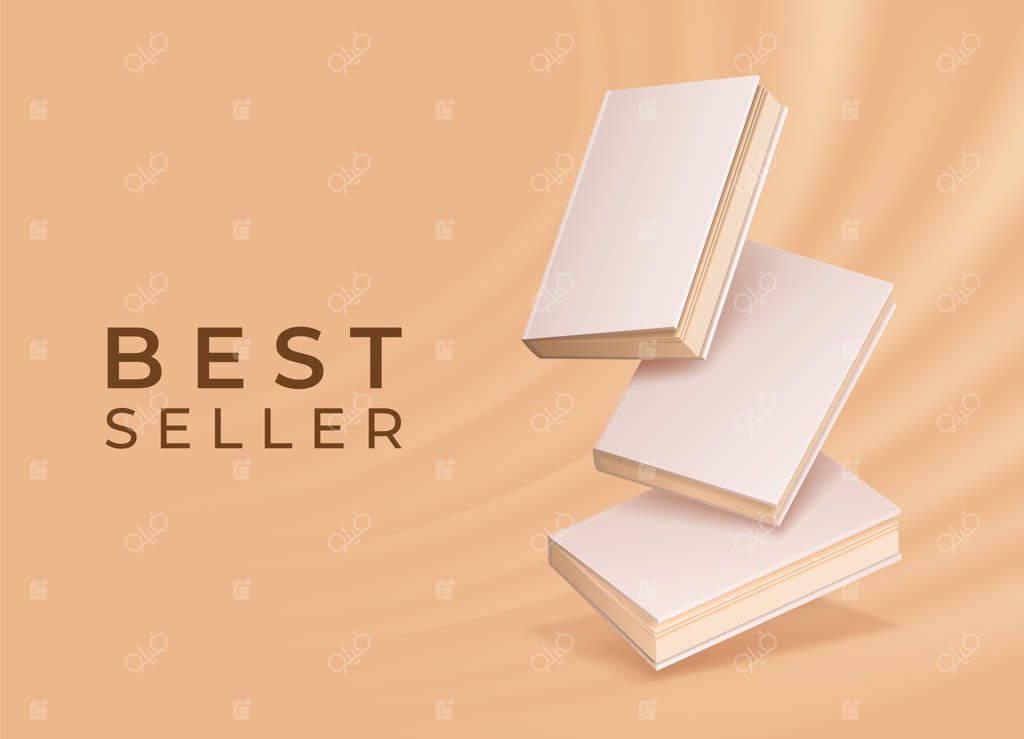 پوستر کتابفروشی یا کتابخانه با مکاپ‌های واقع‌گرایانه از کتاب‌های معلق بدون طرح روی جلد. کتاب‌های بسته با جلدهای خالی. مفهومی برای مطالعه و آموزش. کتاب‌های درسی برای یادگیری یا مطالعه، ادبیات