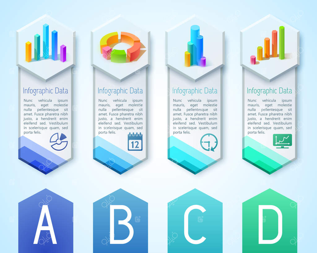 بنرهای عمودی کسب‌وکار با نمودارها و گراف‌های سه‌بعدی و آیکون‌ها روی شش‌ضلعی‌ها