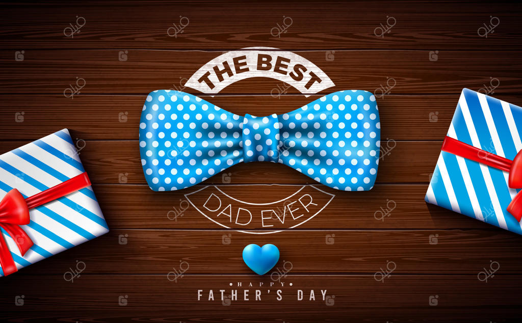 طراحی کارت تبریک روز پدر با جعبه هدیه، قلب آبی، پاپیون خال‌خالی آبی و حروف‌نگاری بر روی زمینه چوبی قدیمی. تصویرسازی برای جشن بهترین و عزیزترین پدر دنیا