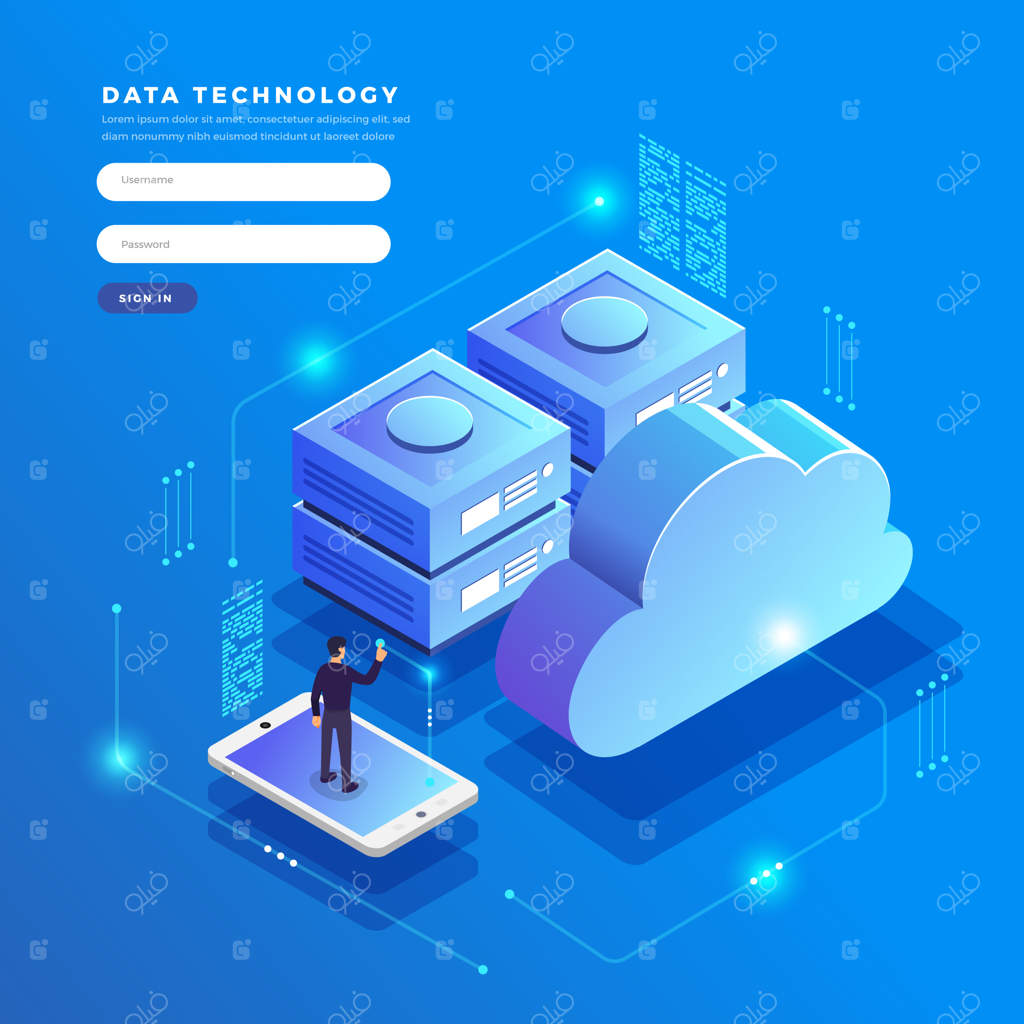 مفهوم ایزومتریک ابر فناوری انتقال و ذخیره‌سازی داده‌ها: اتصال اطلاعات و تصاویر.