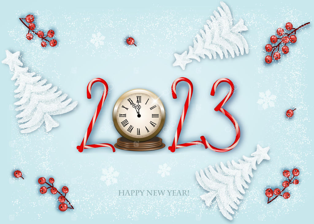 پس‌زمینه کریسمس مبارک و سال نو خوش، با آب‌نبات عصایی قرمز تزئین‌شده با توت‌های ۲۰۲۳ و درختان وکتوری.