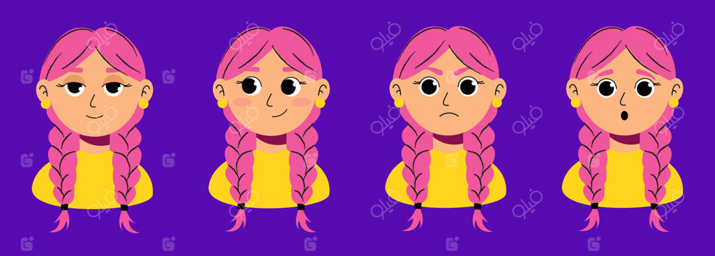 مجموعه‌ای از صورتک‌های دختر با موی صورتی و دو خرگوشی، به همراه احساسات مختلف برای انیمیشن و طراحی شخصیت