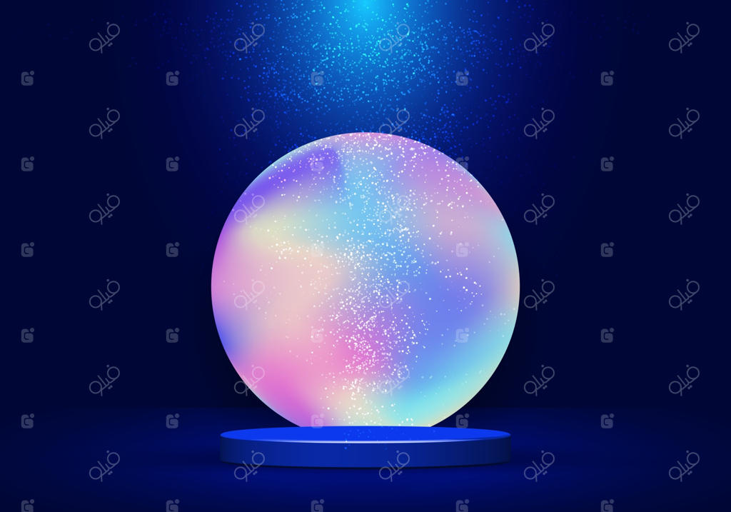 سکوی آبی سه بعدی واقع‌گرایانه با پس‌زمینه دایره‌ای سیال و ذرات نورانی در زمینه آبی تیره
