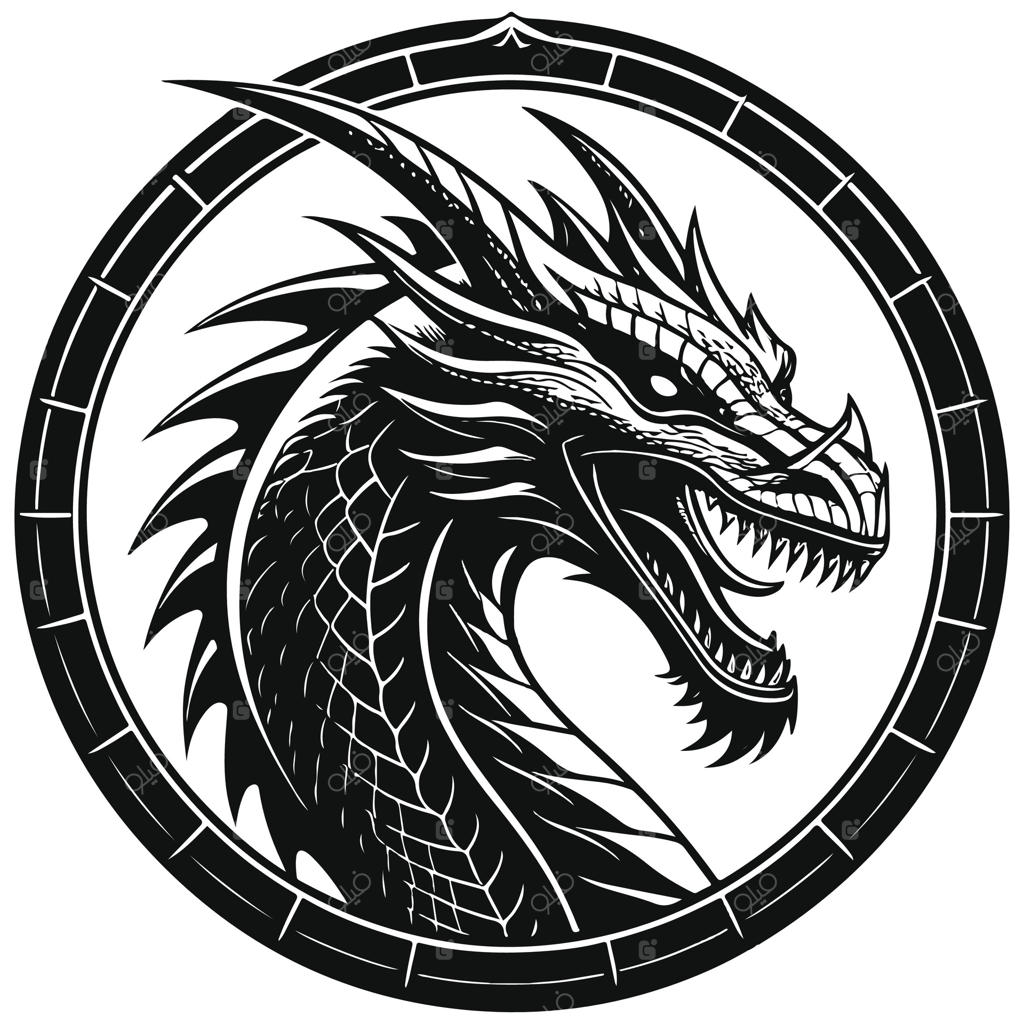 تصویر سیاه‌سفید اژدها در قاب گرد - طرح انتزاعی موجود افسانه‌ای