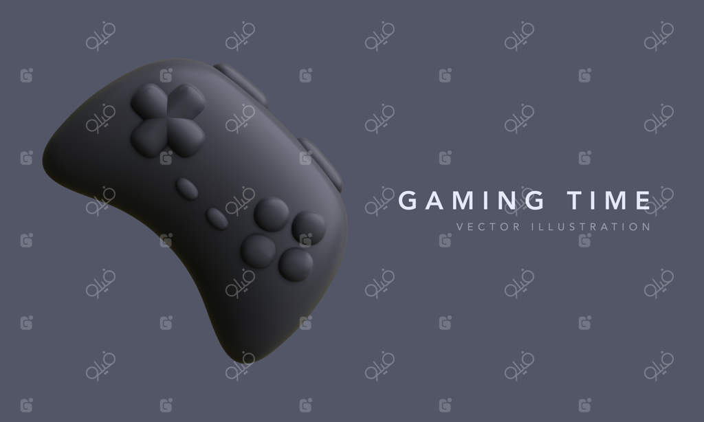 دسته بازی سه بعدی در پس‌زمینه تیره: تصویرسازی برداری از تجهیزات بازی ویدئویی الکترونیکی