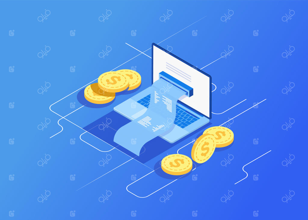 مفهوم صورتحساب الکترونیکی و بانکداری آنلاین، لپ‌تاپ با نوار چک