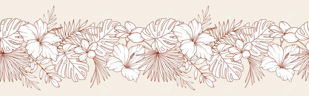 نوار گل با گیاهان و گل‌های استوایی. پس‌زمینه گل افقی بی‌وقفه. نقاشی خطی از گل‌ها. طراحی مینیمالیستی گل. حلقه گل بی‌وقفه. قاب حاشیه‌ای.