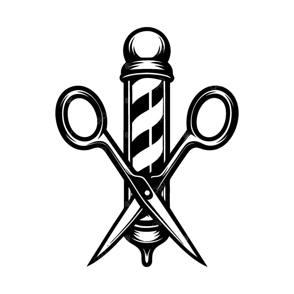 لوگوی سنتی سلمانی سیاه و سفید با طرح میله و قیچی‌های ضربدری