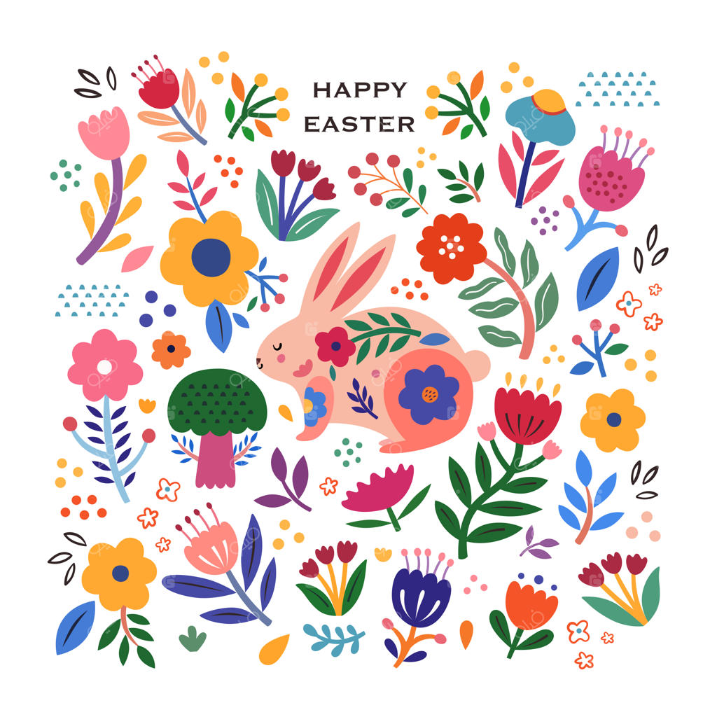 تصویرسازی گل و گیاه با گل‌ها و خرگوش عید پاک