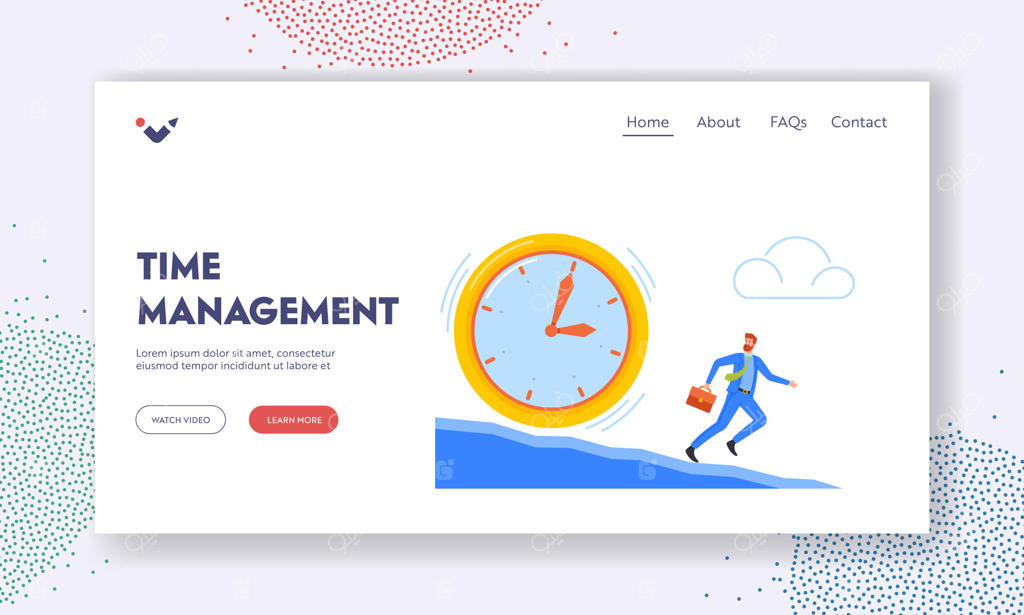 پترن صفحه فرود مدیریت زمان: مفاهیم فشار کاری و کمبود وقت - فرار مرد تاجر از ساعت بزرگ