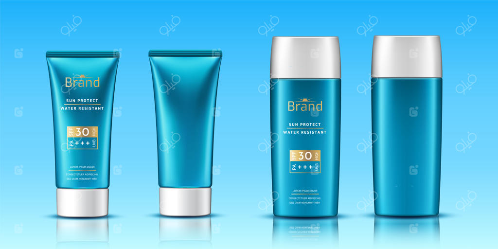 لوله‌های حجمی با کرم ضدآفتاب یا ظروف پلاستیکی واقع‌گرایانه برای قالب بسته‌بندی