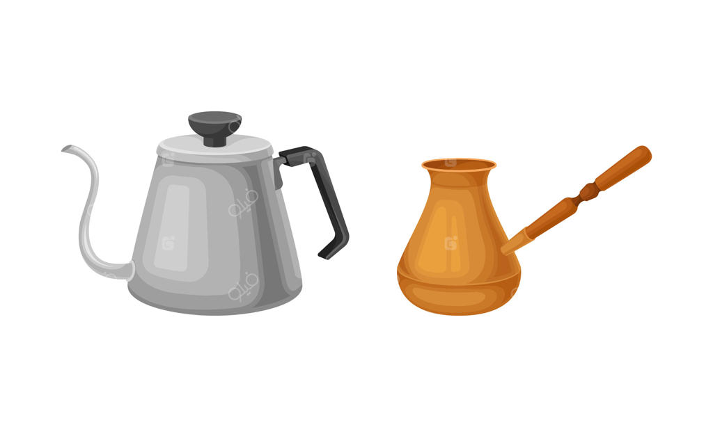 ست تجهیزات دم‌آوری قهوه. تصویر قوری فلزی و جذوه ترک