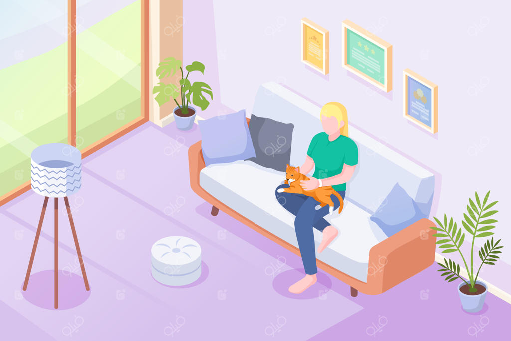 گربه خانگی و صاحبش روی مبل در خانه، به صورت ایزومتریک. زنی یا دختری نشسته روی مبل با گربه یا بچه گربه روی زانوها، نوازش و در آغوش کشیدن، حیوانات خانگی در خانه، دکوراسیون مدرن.