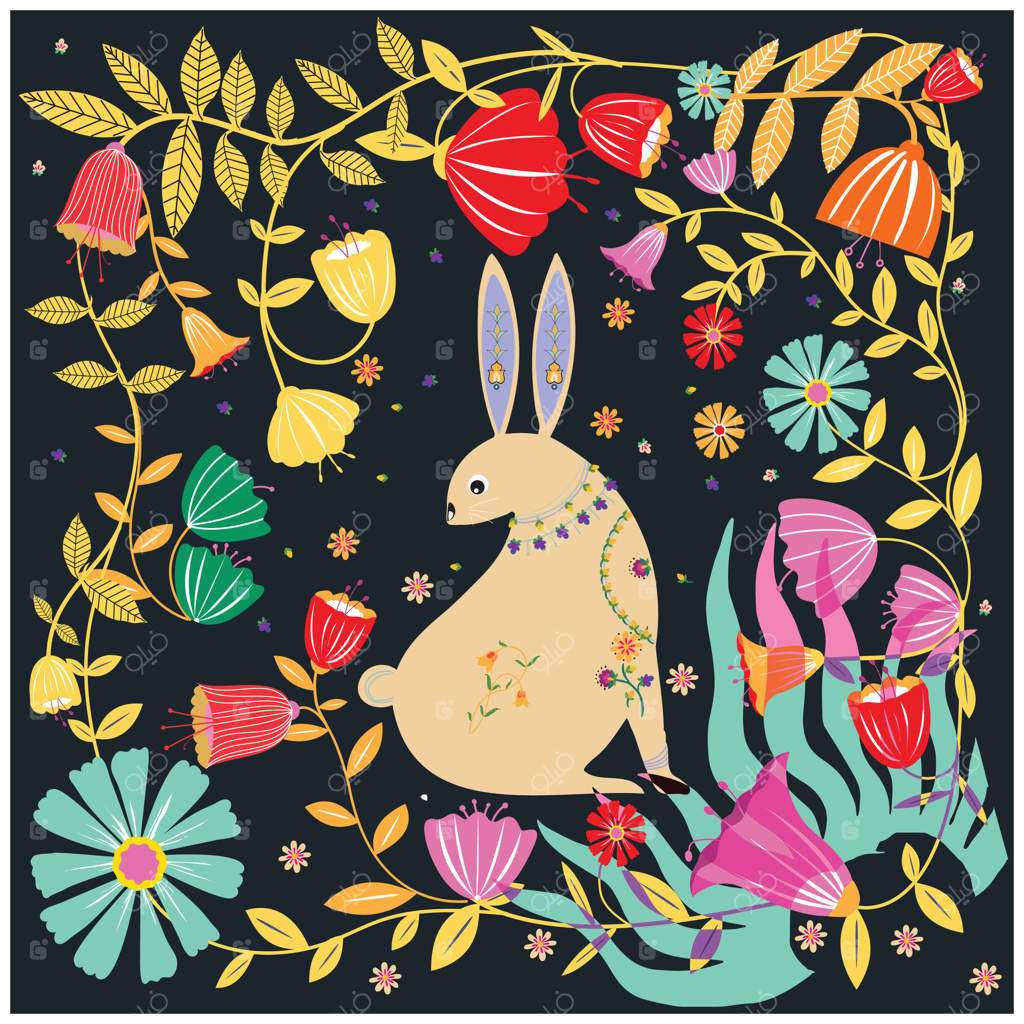 خرگوشی فانتزی در میان گل‌ها و پیچک‌های رنگارنگ با پس‌زمینه تیره، تجسمی از صحنه‌ای شاد و زنده در باغ. مناسب برای کاغذ دیواری، طراحی پارچه و یا دیگر نیازها