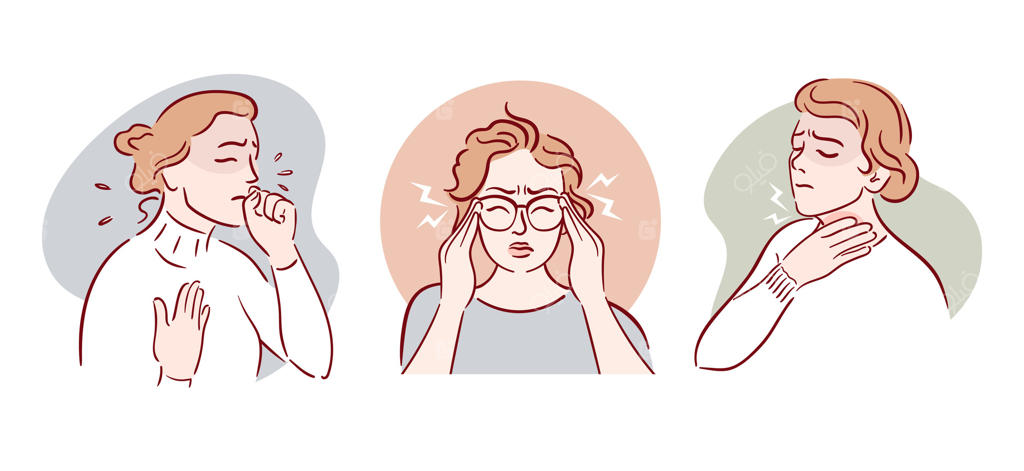 علائم سرماخوردگی؛ سرفه، گلودرد، سردرد و تب. تصویرسازی گویایی که با طراحی هنرمندانه، حس استرس و ناخوشی را منتقل می‌کند. طراحی دستی، سبک اسکیس. مشکلات سلامتی.